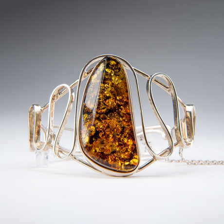 Genuine Sterling Silver and Golden Amber Bangle Bracelet // v.3