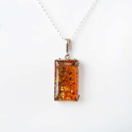 Genuine Polished Amber Rectangular Pendant with 18" Sterling Silver Chain // v.1