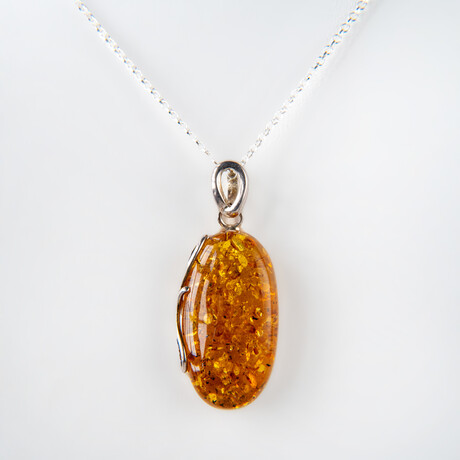 Genuine Polished Amber Oval Pendant with 18" Sterling Silver Chain