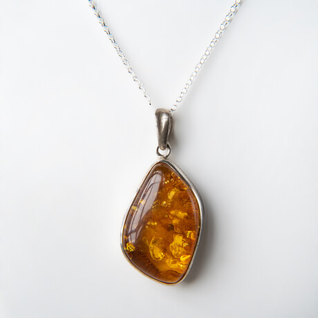 Genuine Polished Amber Freeform Pendant with 18" Sterling Silver Chain // v.4
