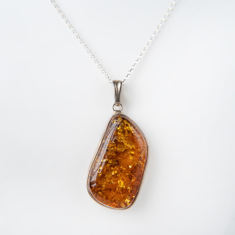 Genuine Polished Amber Freeform Pendant with 18" Sterling Silver Chain // v.5