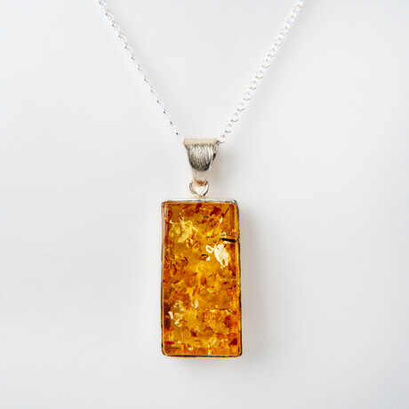 Genuine Polished Amber Rectangular Pendant with 18" Sterling Silver Chain // v.2
