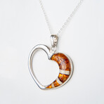 Genuine Polished Sterling Silver and Natural Amber Heart Pendant with 18" Sterling Silver Chain