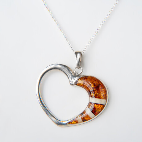 Genuine Polished Sterling Silver and Natural Amber Heart Pendant with 18" Sterling Silver Chain