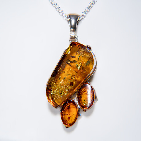 Genuine Polished Amber Freeform Pendant with 18" Sterling Silver Chain // v.1