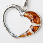 Genuine Polished Sterling Silver and Natural Amber Heart Pendant with 18" Sterling Silver Chain