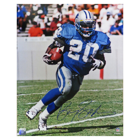 Barry Sanders Signed Detroit Lions Blue Jersey Running With Football 8x10  Photo