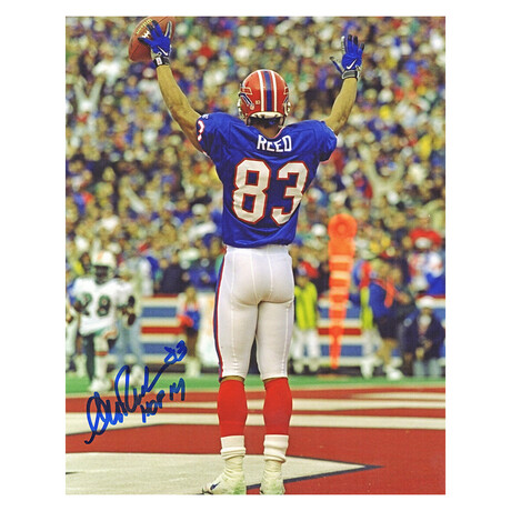 Andre Reed // Signed Bills Blue Jersey TD Celebration Arms Raised 8x10 Photo w/HOF'14