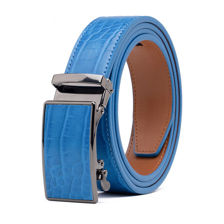 Men's Genuine Leather Crocodile Design Dress Belt with Automatic Buckle // Blue