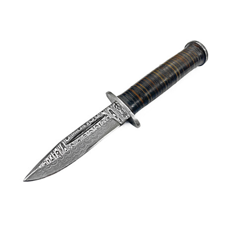 Military Style Cliff Point Knife High Carbon Damascus Blade Hand Made By Titan Stacked Leather Handle // 708