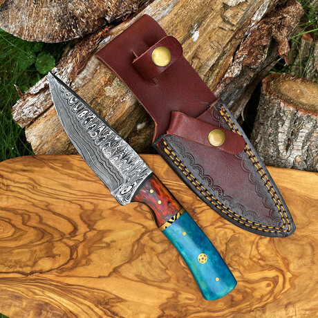 Damascus knife, Garnet Starlight Hand Forged Hunting Knife // 014