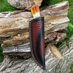 Damascus Steel Knife With  Burnt Bone & Stag Horn Full Tang // 015