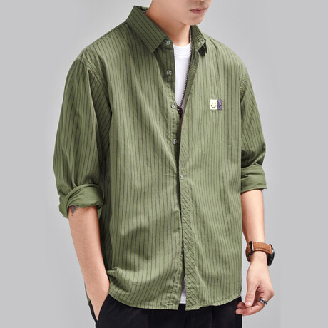 Thin Striped Button Up // Army Green (XS)