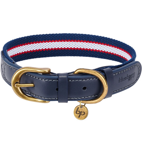 Full Grain Leather & Polyester Adjustable Dog Collar // Navy White + Red (3/4" Wide * (12"-15") Neck)