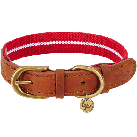Full Grain Leather & Polyester Adjustable Dog Collar // Red + White (3/4" Wide * (12"-15") Neck)