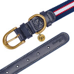 Full Grain Leather & Polyester Adjustable Dog Collar // Navy White + Red (3/4" Wide * (12"-15") Neck)