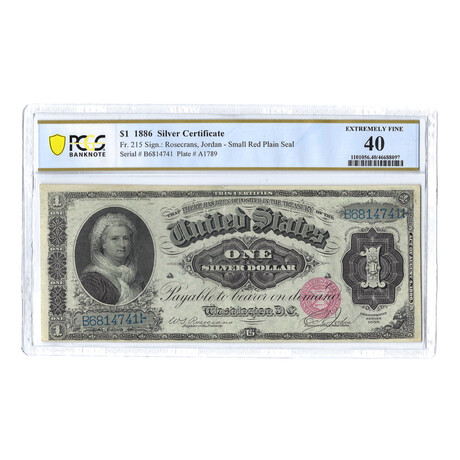1886 $1 Large Size Silver Certificate // Martha Washington // PCGS Certified XF40