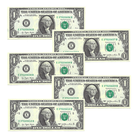 1977 $1 U.S. Federal Reserve Notes // Set of 5 Sequential Serial Numbers // Choice Crisp Uncirculated