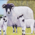 Sheep Ewe and Lambs in Pasture Painting