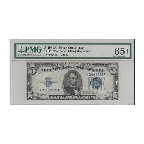 1934 A STAR $5 Silver Certificate PMG 65 675