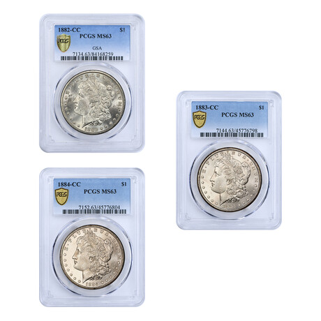 1882, 1883, & 1884-CC Morgan Silver Dollar // Three Coin Set // PCGS Certified MS63