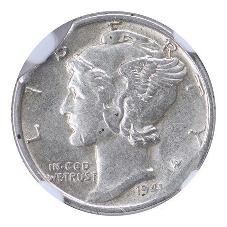 1941 Mercury Dime // Clipped Planchet Mint Error // NGC Certified AU55