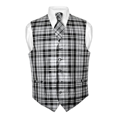 Plaid // 2 Piece Vest and Tie Set // Grey (Small)