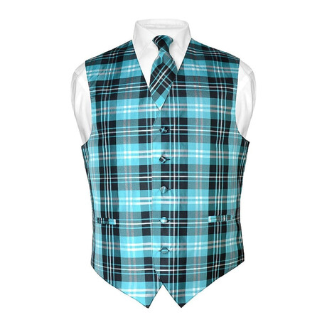 Plaid // 2 Piece Vest and Tie Set // Turquoise (Small)