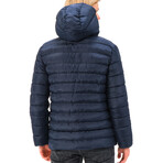 Hooded Striped Puffer Jacket // Dark Blue (S)