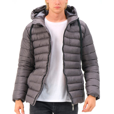 Hooded Striped Puffer Jacket // Gray (M)