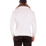 Full Zip Cable Knit Fur Collar Sweater // White (M)