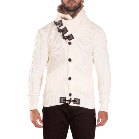 Fur-Lined Collar Button Up Sweater // White (M)