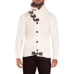 Fur-Lined Collar Button Up Sweater // White (L)