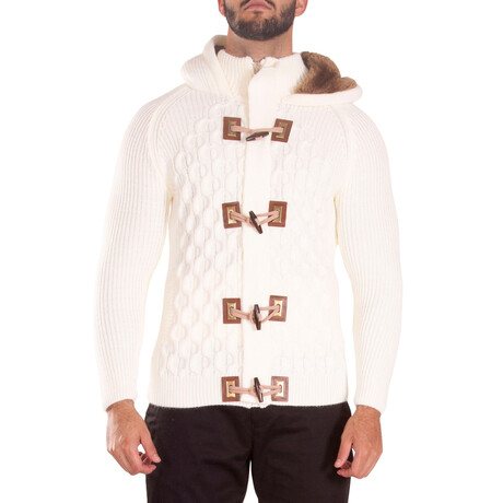 Full Zip Cable Knit Fur Hood Sweater // White (M)