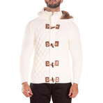 Full Zip Cable Knit Fur Hood Sweater // White (3XL)
