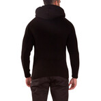 Full Zip Cable Knit Fur Hood Sweater // Black (XL)