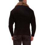 Full Zip Cable Knit Fur Collar Sweater // Black (L)