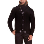 Fur-Lined Collar Button Up Sweater // Black (M)