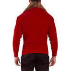Full Zip Cable Knit Fur Collar Sweater // Red (L)