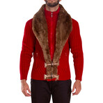 Full Zip Cable Knit Fur Collar Sweater // Red (L)