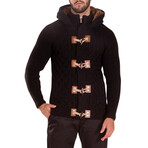 Full Zip Cable Knit Fur Hood Sweater // Black (L)
