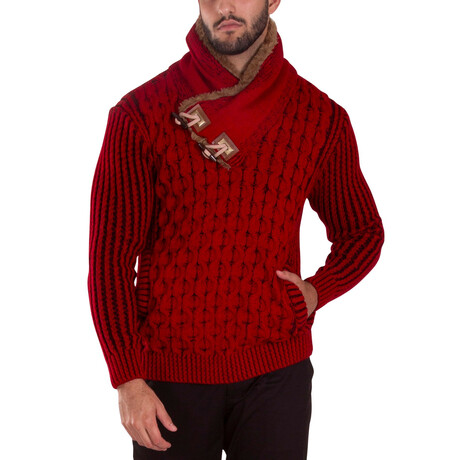 High-Neck Fur Lined Pullover Sweater // Red (M)