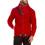 Fur-Lined Collar Button Up Sweater // Red (3XL)