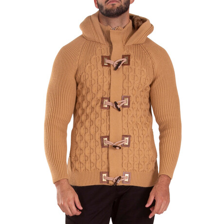 Full Zip Cable Knit Fur Hood Sweater // Beige (M)