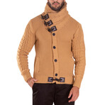 Fur-Lined Collar Button Up Sweater // Beige (L)