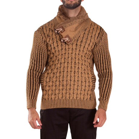 High-Neck Fur Lined Pullover Sweater // Beige (M)