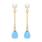 18K Yellow Gold + 18K White Gold Blue Agate + White Cultured Pearl Drop Earrings // New