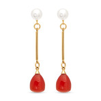 18K Yellow Gold + 18K White Gold Orange Agate + White Cultured Pearl Drop Earrings // New