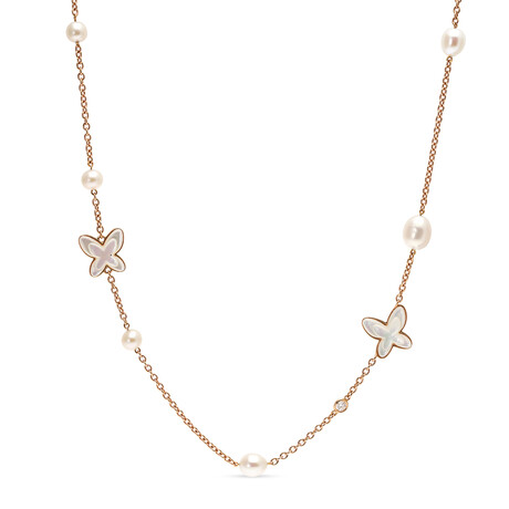 Freevola 18K Rose Gold Cultured Pearl + Mother Of Pearl Butterfly Beaded Station Necklace // 28" // New