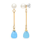 18K Yellow Gold + 18K White Gold Blue Agate + White Cultured Pearl Drop Earrings // New